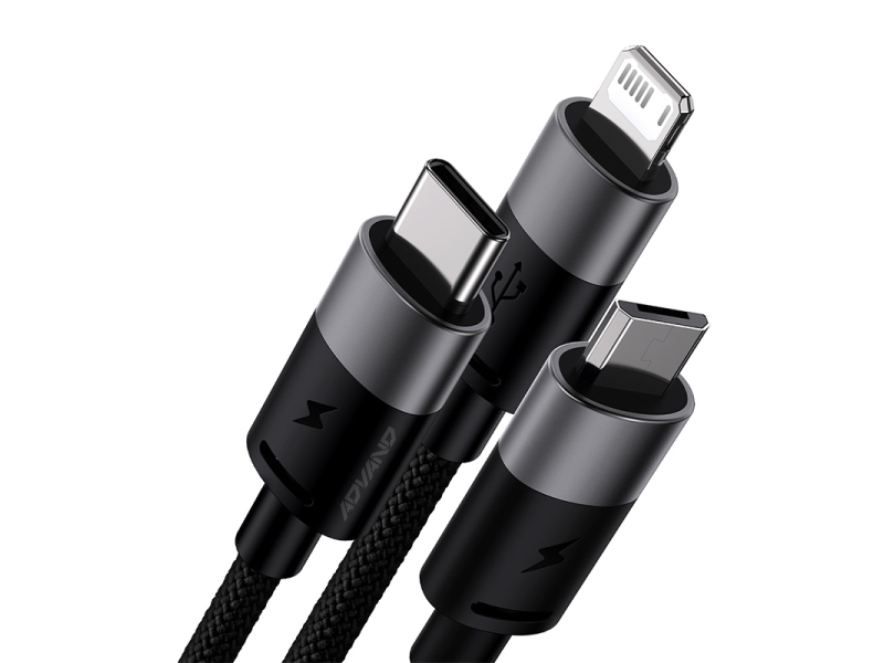  BASCAXS000001 - 3 az 1-ben USB-C / Lightning / Micro 1,2 m-es USB-kábel, fekete